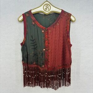 Tienda Ho Boho Patchwork Fringe Vest Womens FREE SIZE Beaded Hem Festival Top